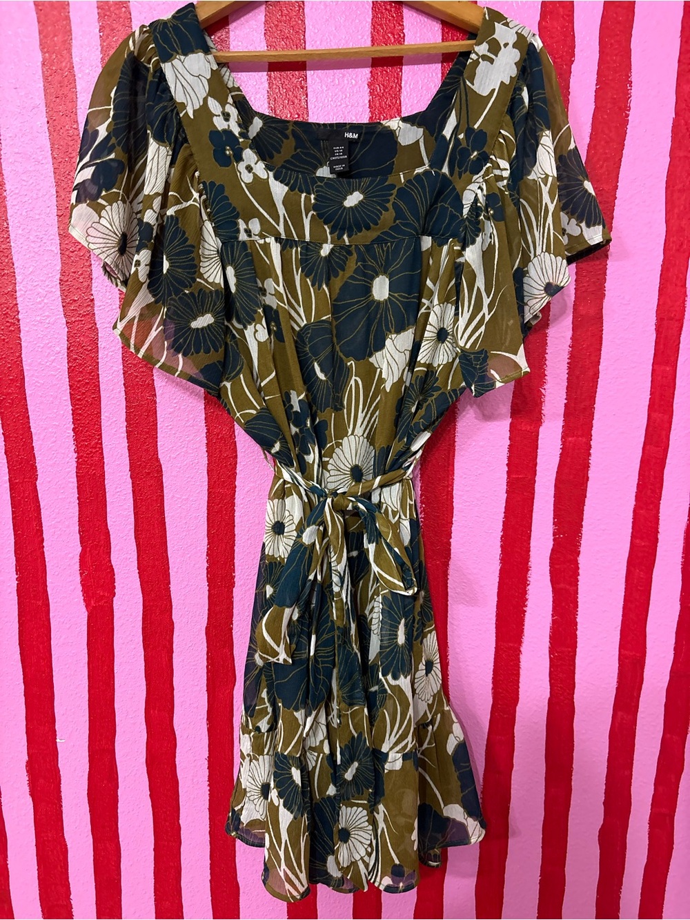 H&M Olive, White & Navy Floral Tie-Front Mini Dress